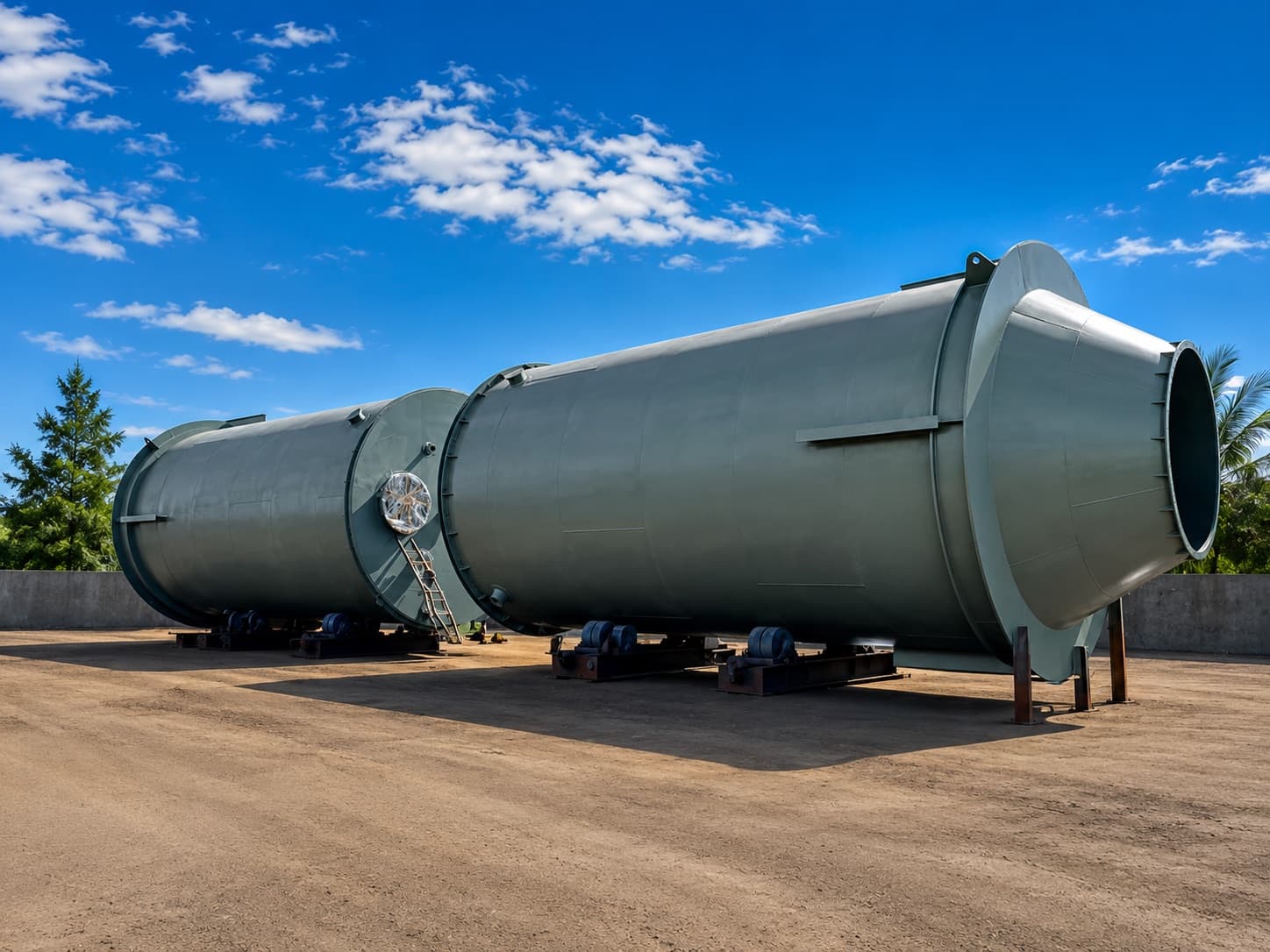 Two completed MOL silos, painted and set on their support saddles in the fabrication yard