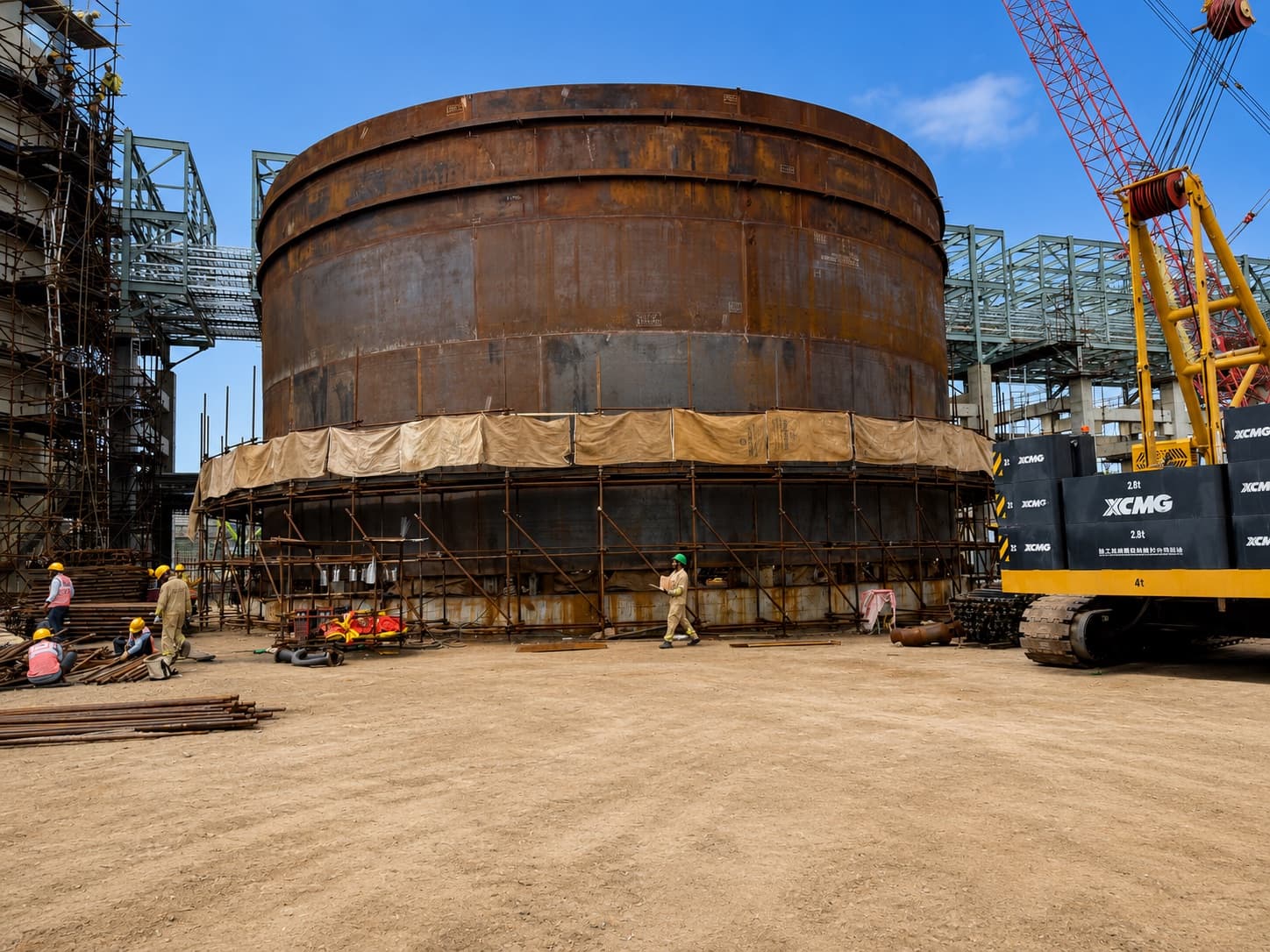 A large field-erected storage tank under construction on site, with a crawler crane alongside